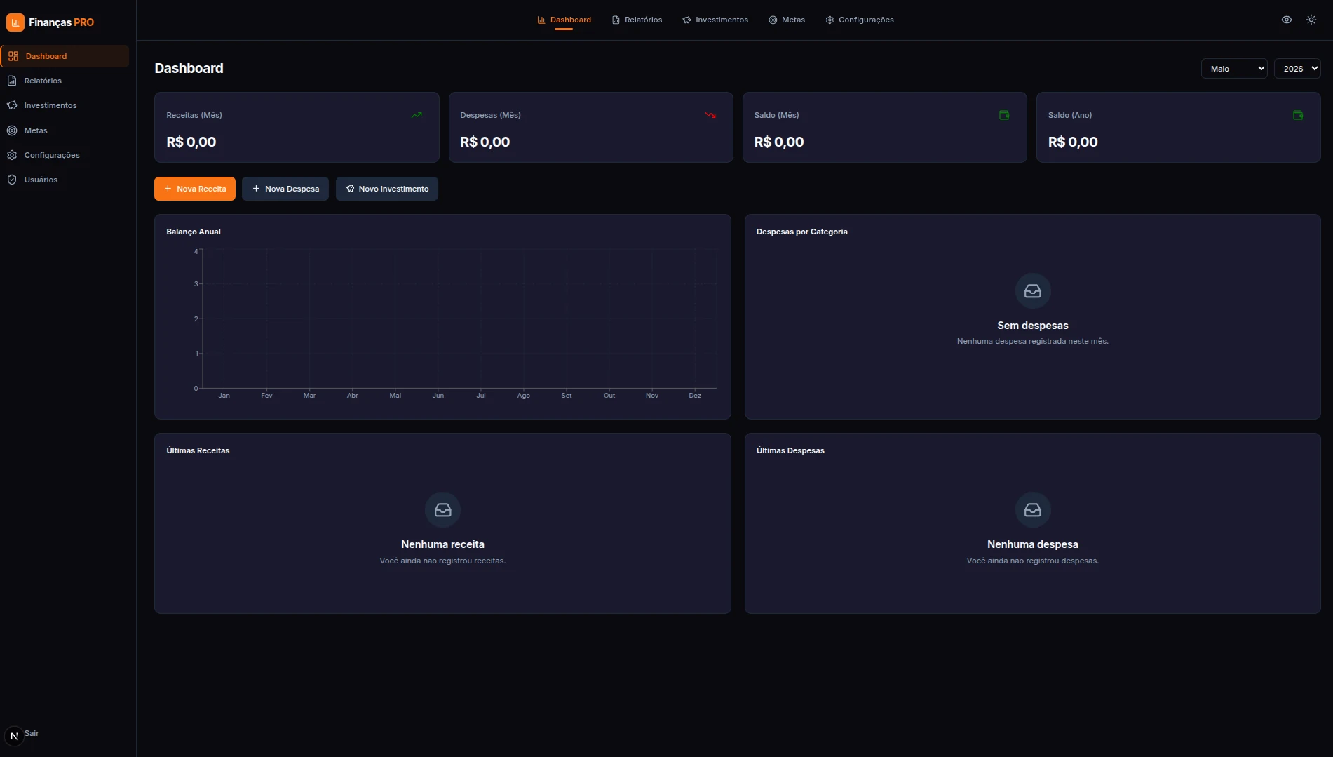 Dashboard do Finanças Pro com resumo financeiro e gráficos