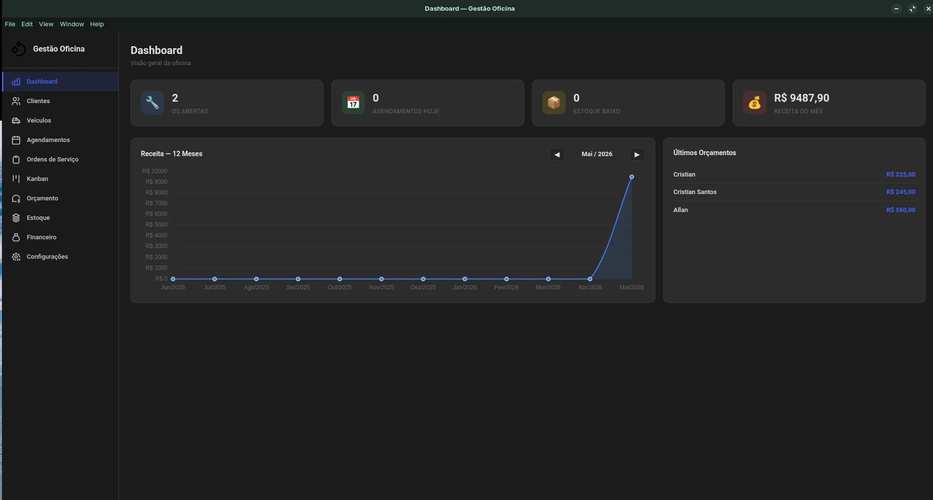 Interface do sistema de gestão para oficinas mecânicas